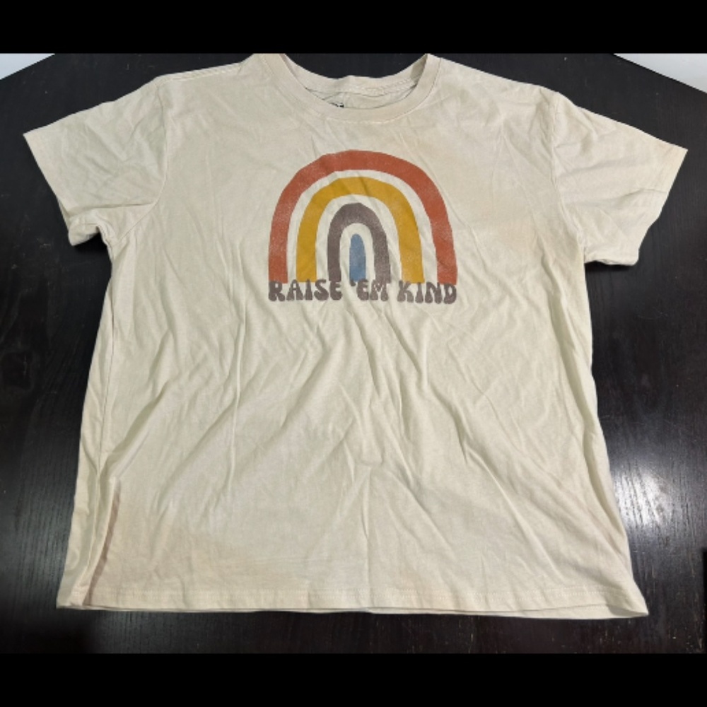 NWOT Doe T-Shirts “Raise ‘Em Kind” Rainbow Off White Tee Size XL